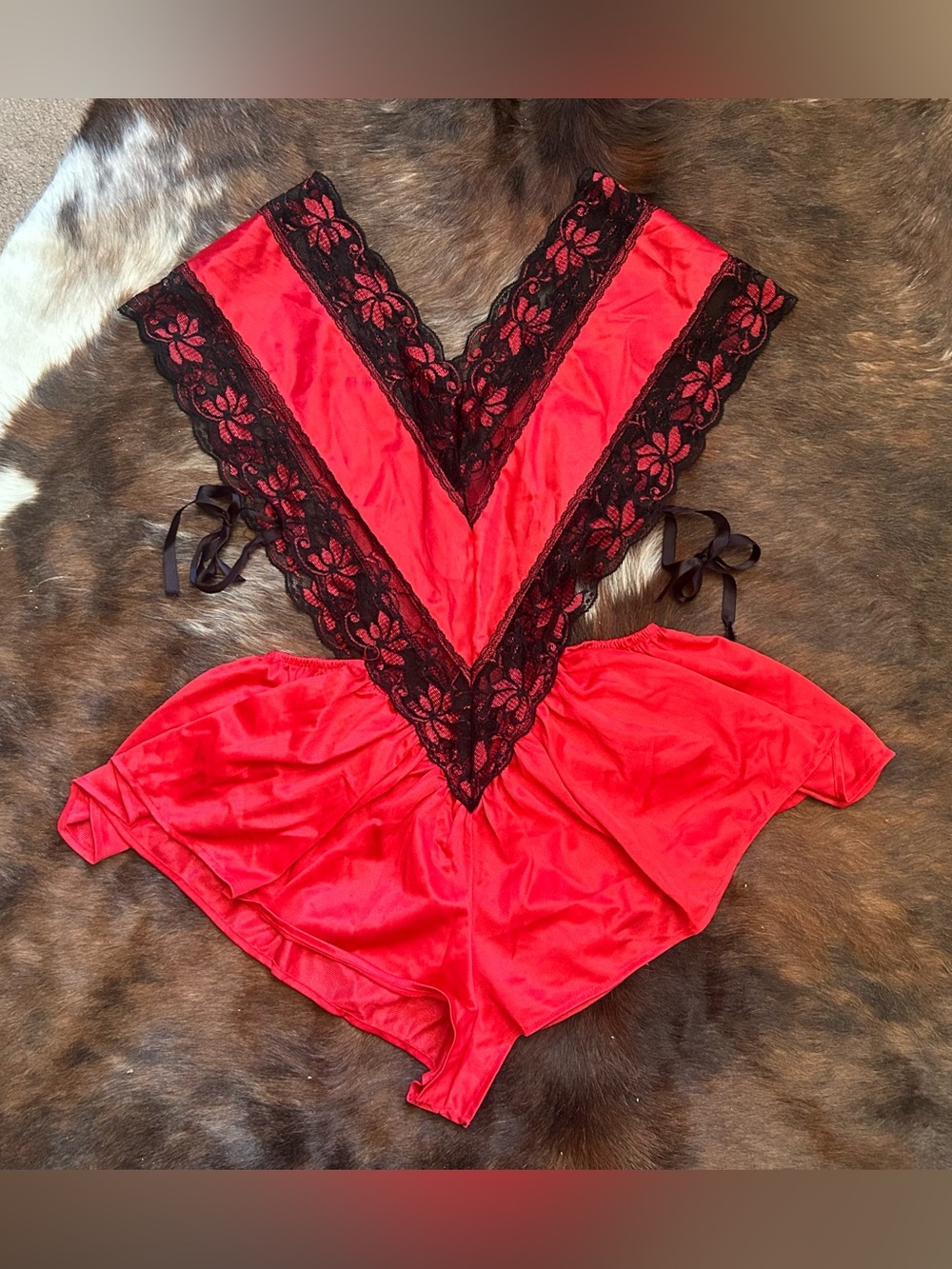 Red Satin Lace V-Neck Romper